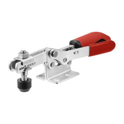Horizontal toggle clamp with red handle and safety latch