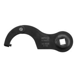 Hinged hook wrench with pin and and torque-wrench fitting