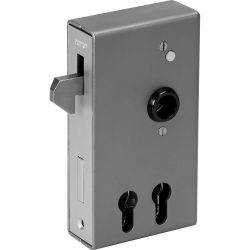 Serrure avec coffre pour porte coulissante et deux cylindres profilés, brut