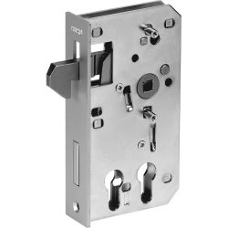 Cerradura de puerta corredera para dos cilindros de perfil, galvanizada, con cambio