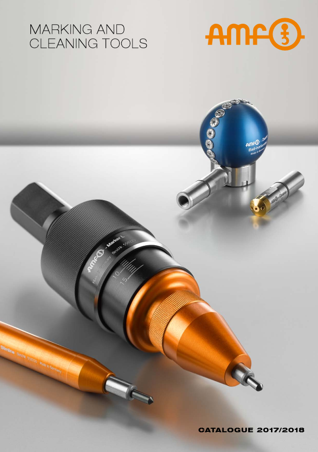 Marking hard materials & cleaning in the machine | AMF marking & cleaning solutions AMF catalog for marking and cleaning tools – reduce marking time by 75%, automate cleaning processes. Increase efficiency and machine availability without expensive laser systems