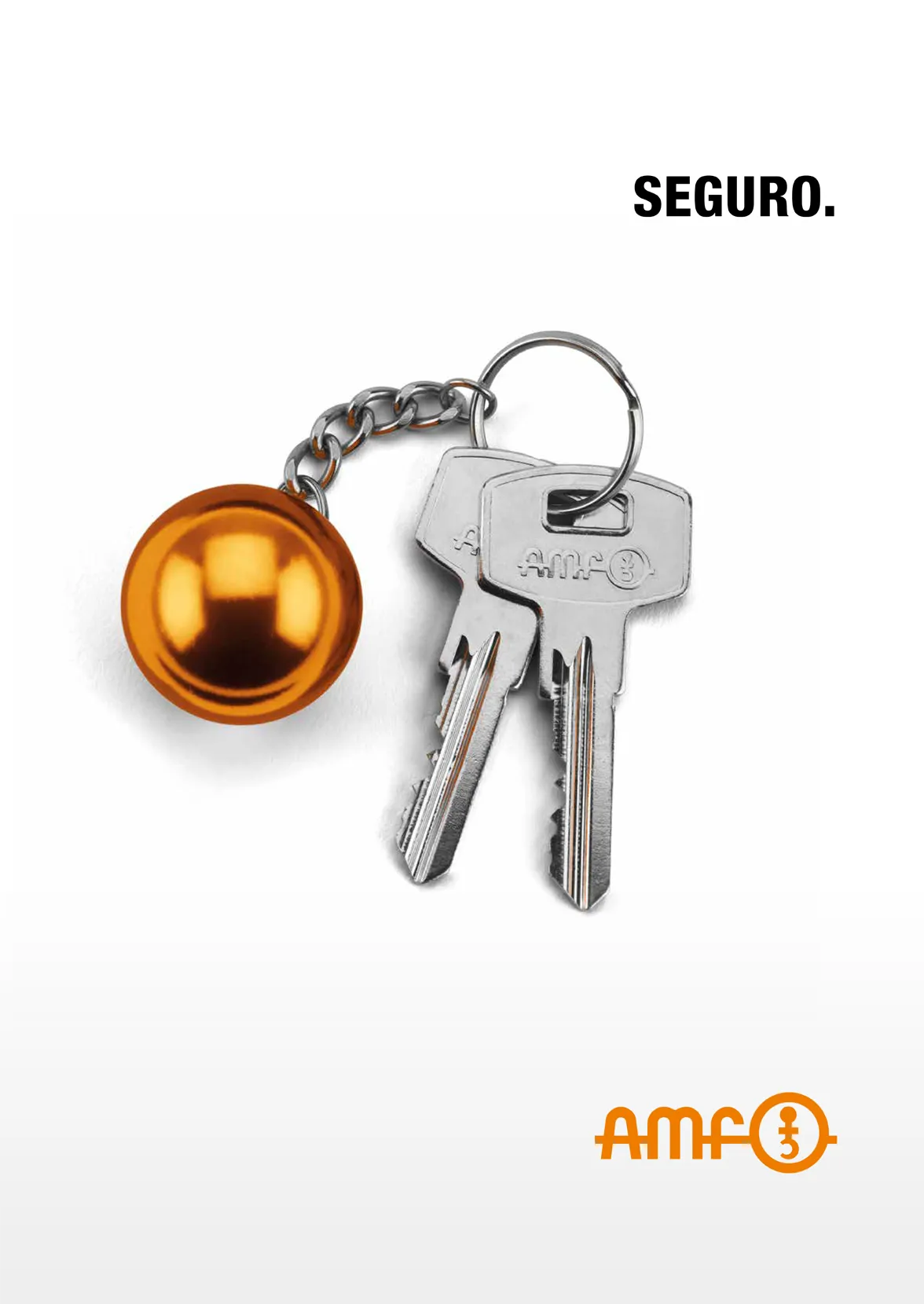 Capa da brochura de competências da AMF sobre fechaduras para portas e portões, com texto do título e ilustrações dos produtos