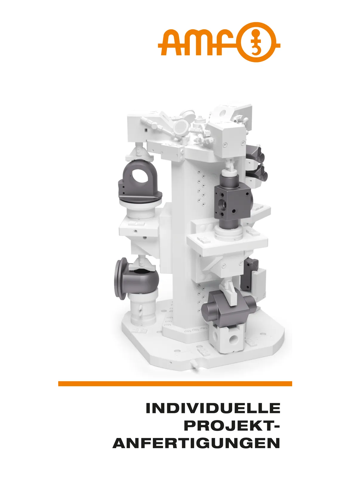 Entdecken Sie den AMF Flyer Individuelle Projektanfertigungen – maßgeschneiderte Lösungen für Ihre Anforderungen Titelseite des AMF Flyers Individuelle Projektanfertigungen mit einer Hydrauliklösung
