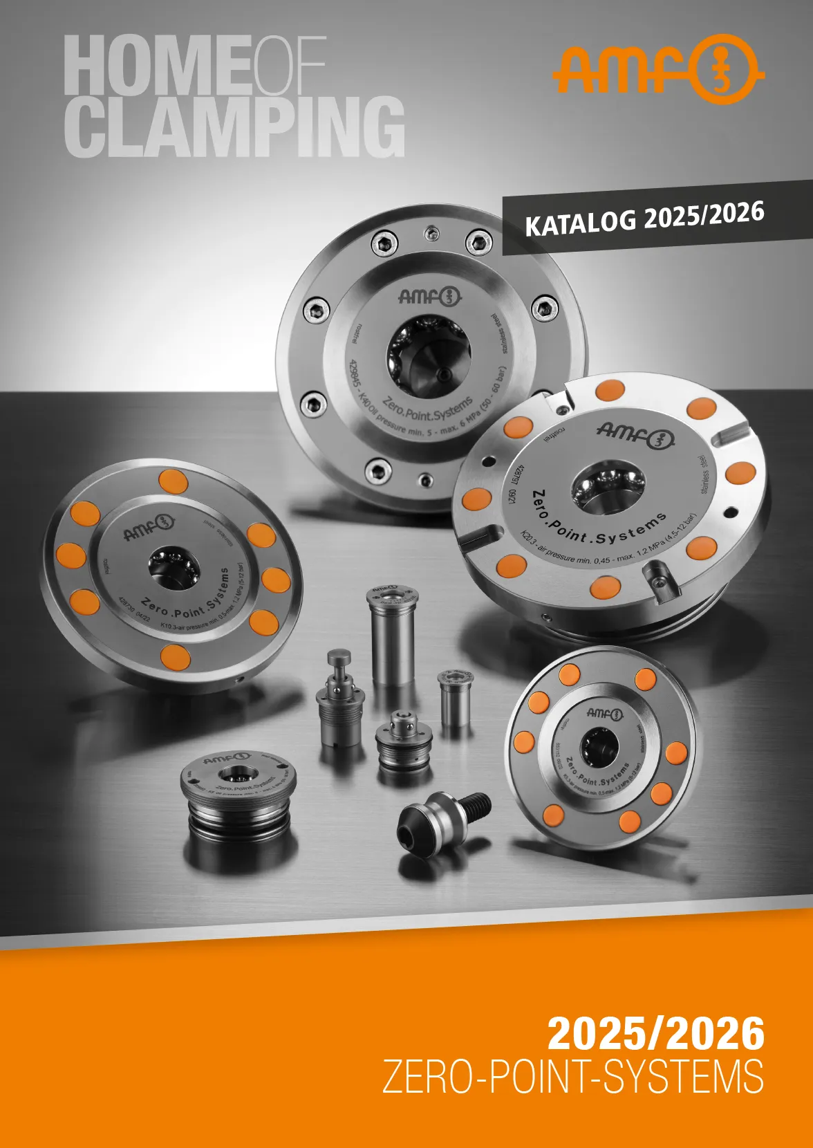 AMF Produktkatalog Nullpunktspanntechnik – Nullpunktspannsysteme senken Rüstzeiten um bis zu 90 %, spannen in Sekunden statt Minuten und bieten <5 μm Wiederholgenauigkeit für CNC, Automation und Serienfertigung